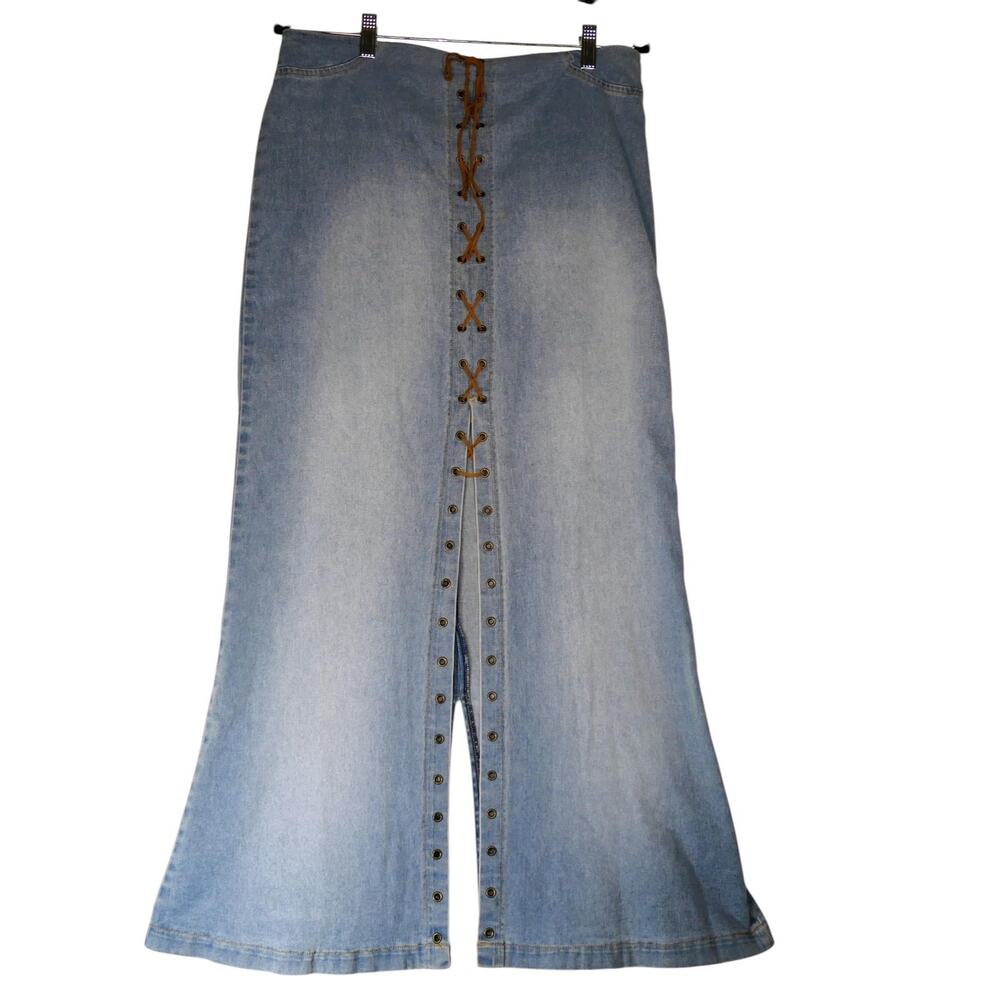 Vintage Jean Shout Skirt Womens M Blue Denim Lace Up Maxi Front Slit Boho Hippie - Picture 2 of 12
